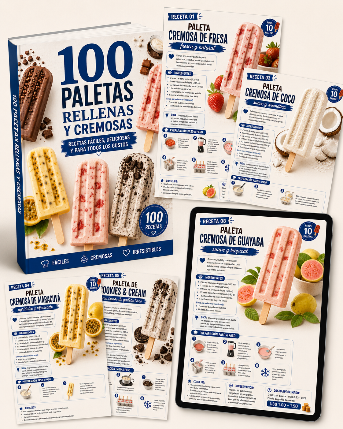 Recetario '100 Paletas Rellenas y Cremosas' con 100 recetas, rodeado de fichas de recetas de fresa, coco, maracuyá, cookies & cream y un tablet con la receta de guayaba