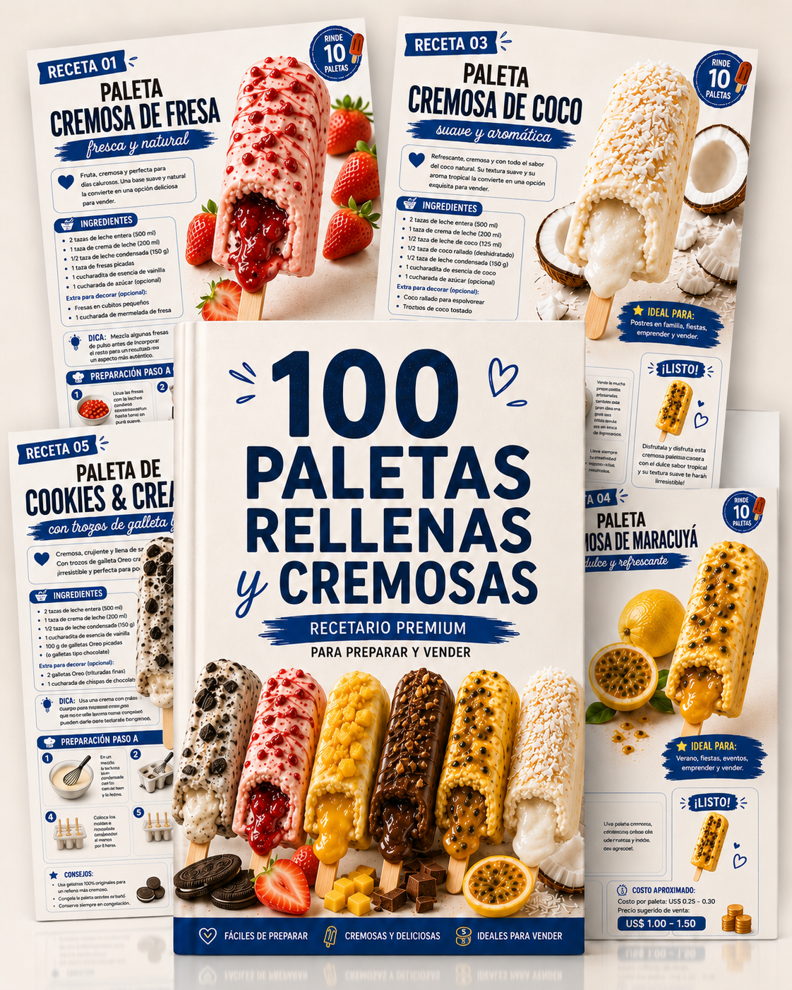 Recetario premium '100 Paletas Rellenas y Cremosas' rodeado de fichas de recetas de paletas cremosas de fresa, coco, maracuyá y cookies & cream, con paletas de varios sabores en la portada.
