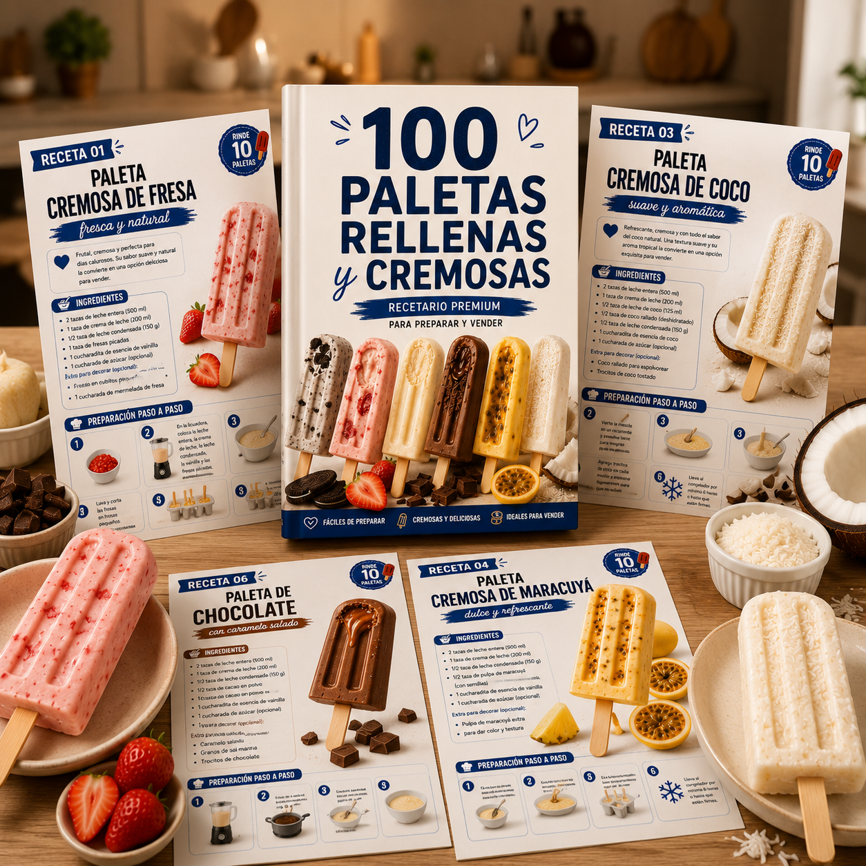 Recetario '100 Paletas Rellenas y Cremosas' sobre una mesa de madera junto a fichas de recetas de fresa, coco, chocolate y maracuyá