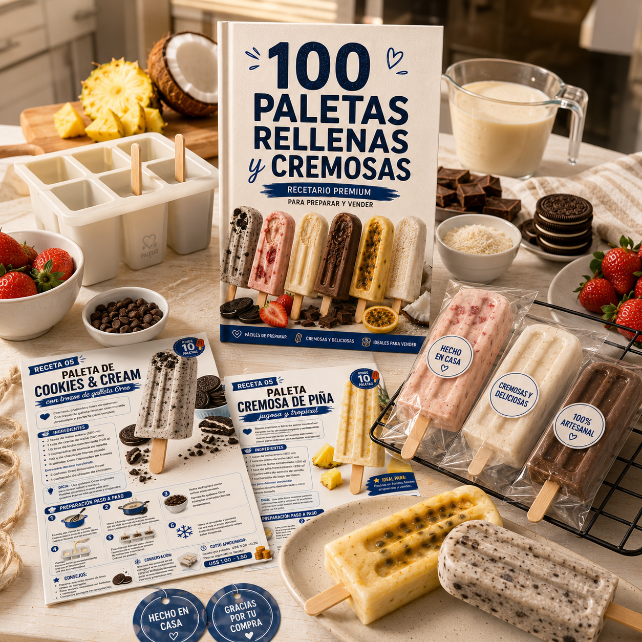 Recetario junto a fichas de cookies & cream y piña, con paletas empacadas con etiquetas 'Hecho en casa'