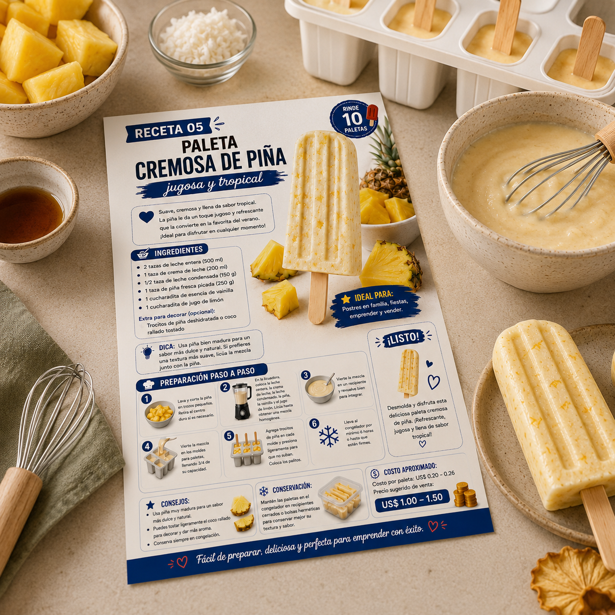 Ficha de la receta 'Paleta Cremosa de Piña' con paletas de piña, trozos de piña fresca y moldes