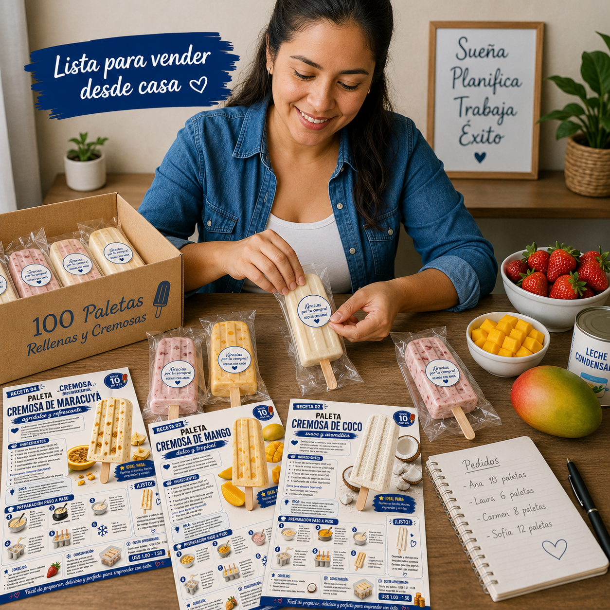 Mujer empacando paletas cremosas en una caja lista para vender desde casa