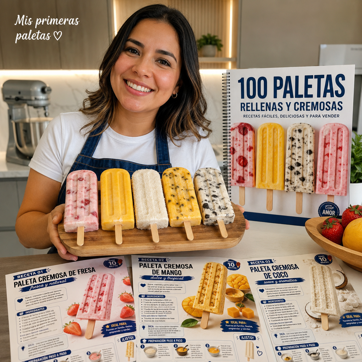 Mujer sonriente mostrando una tabla con sus primeras paletas cremosas