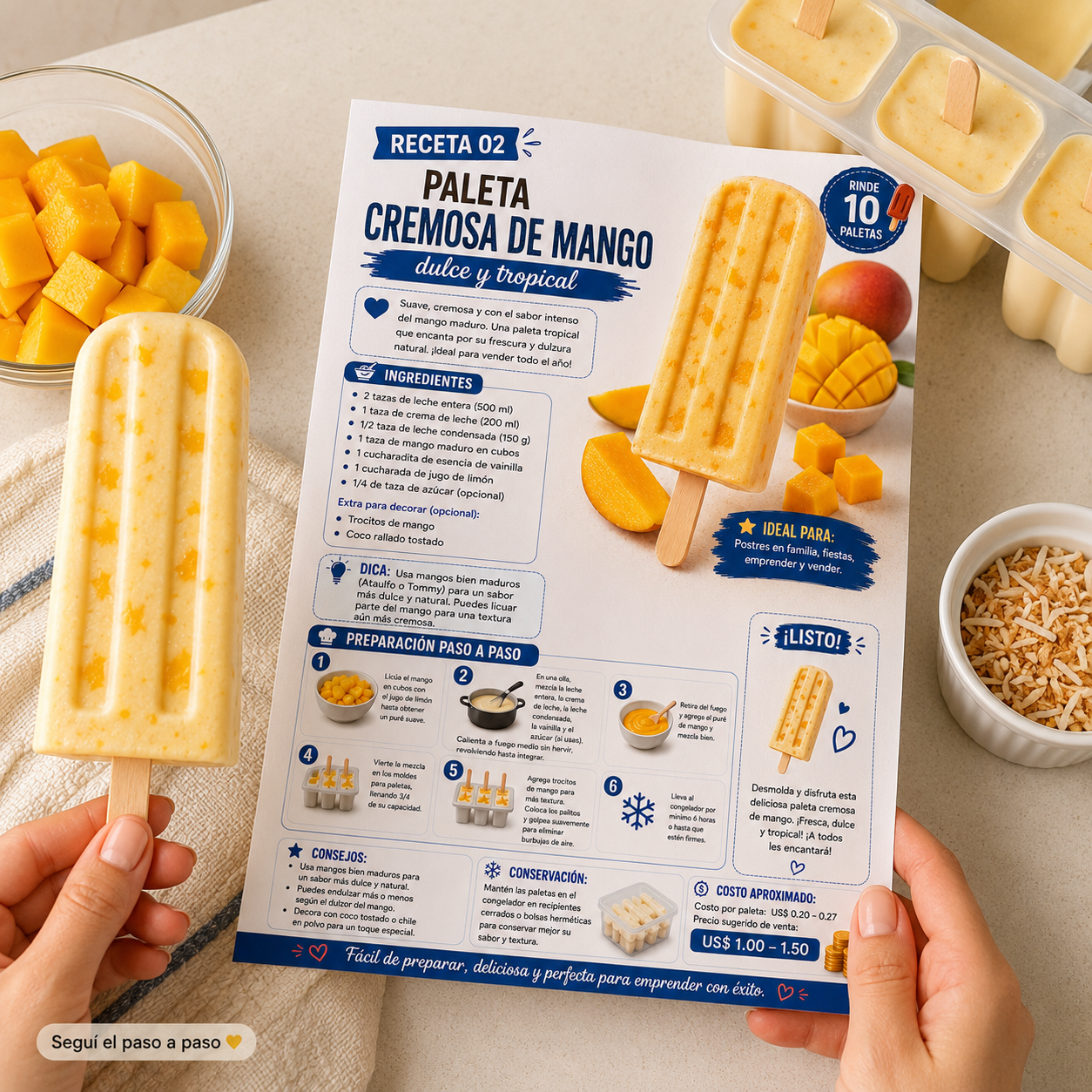 Manos sosteniendo la ficha de la receta paleta cremosa de mango