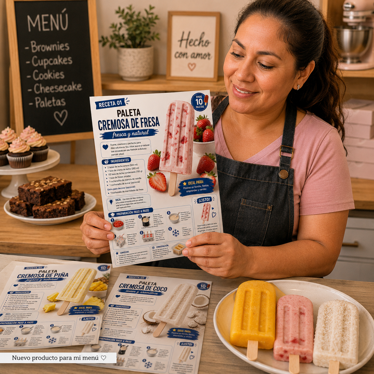 Mujer sosteniendo una ficha de receta de paleta cremosa de fresa en su negocio de postres