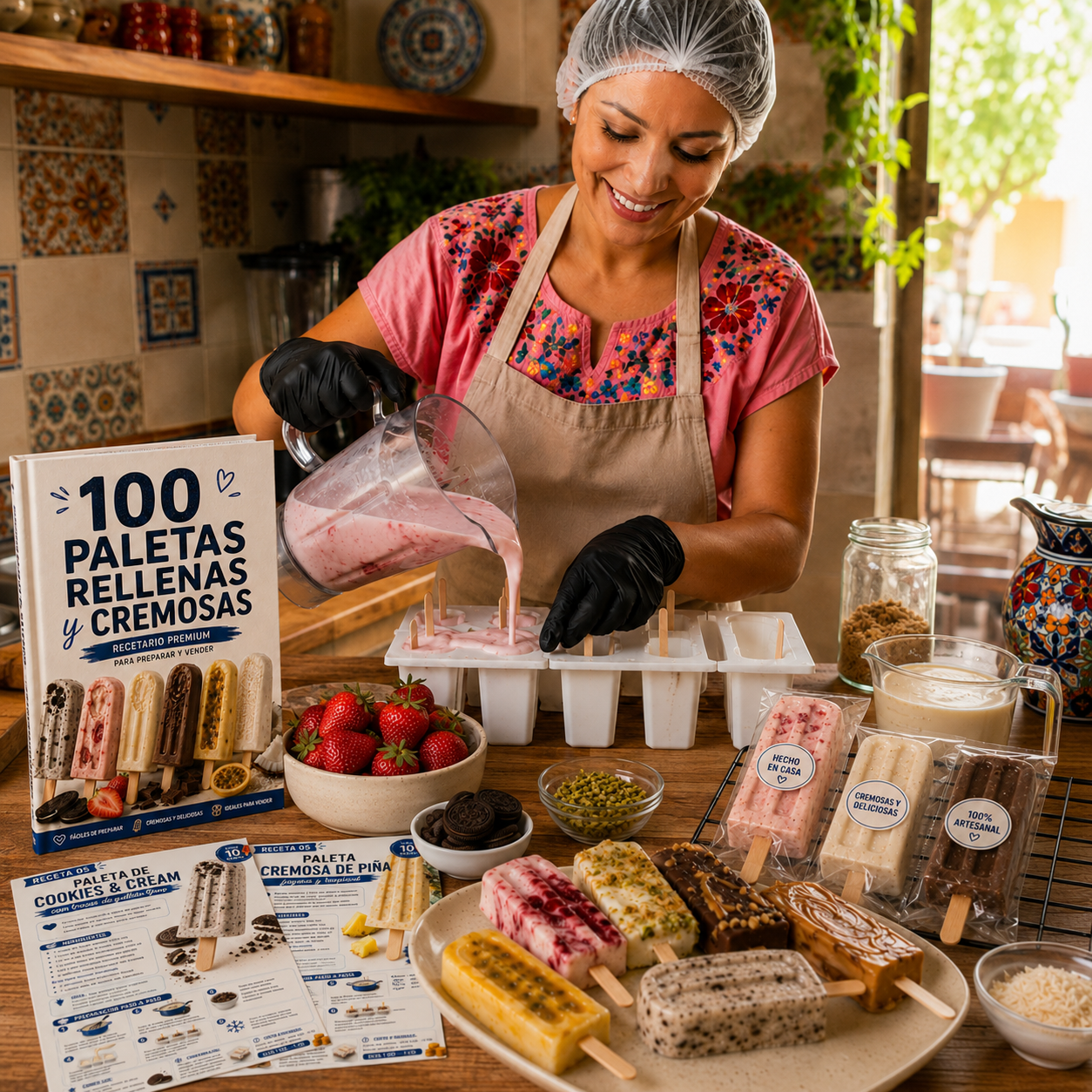 Mujer con delantal y guantes vertiendo mezcla de fresa en moldes de paletas, junto al recetario '100 Paletas Rellenas y Cremosas', paletas empacadas con etiquetas 'Hecho en casa' y variedad de paletas ya preparadas